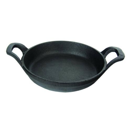 Round serving pan with handles, 14 cm, cast iron + plywood stand, P.L. Proff C