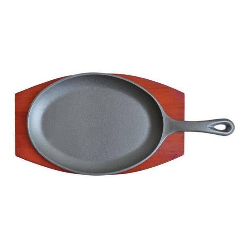 Cast iron oval frying pan on wooden base, 23*13,5 cm, burgundy color, P.L. Proff. Pro